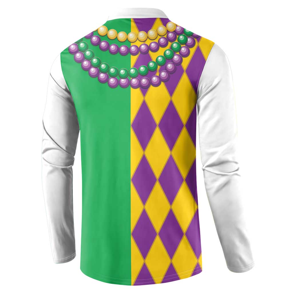 Colorful back view of Mardi Gras button sweatshirt with green, purple, yellow diamond pattern