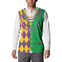 Colorful Mardi Gras button sweatshirt with white sleeves, green vest, and bead necklace design