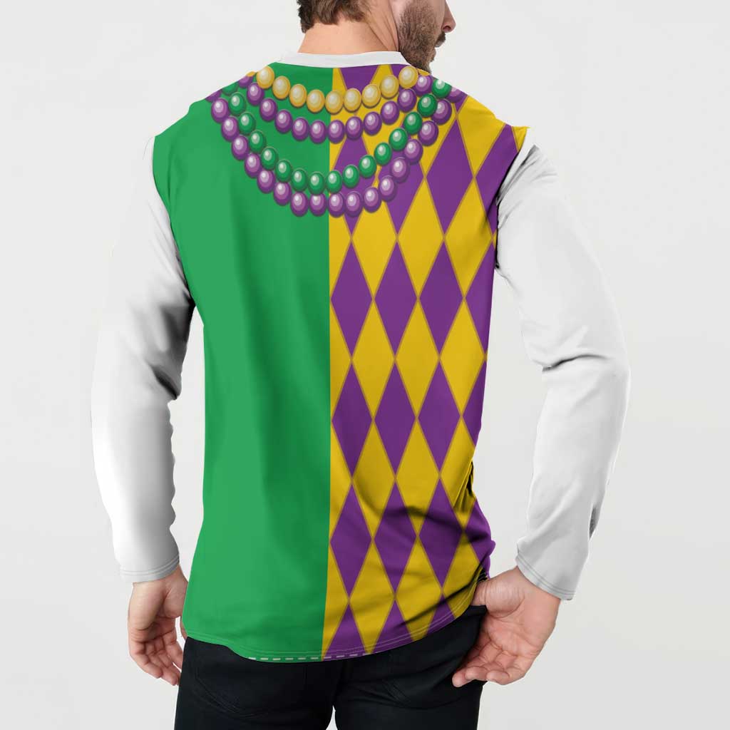 Colorful Mardi Gras back button sweatshirt with green side panels and purple-yellow diamond print