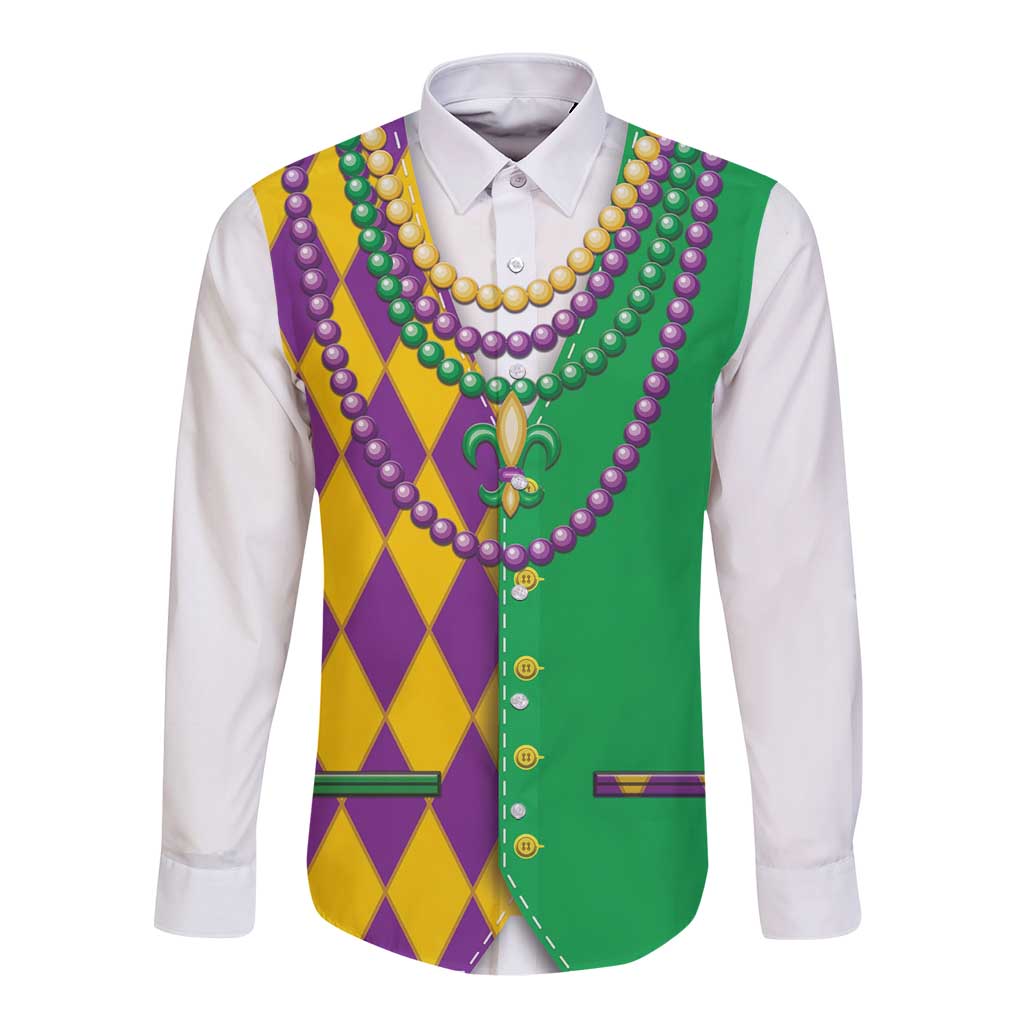 Long-sleeve button shirt with Mardi Gras-style green/purple/yellow vest and bead trim