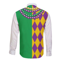 Back view long-sleeve button shirt with green/purple/yellow diamond vest and bead collar