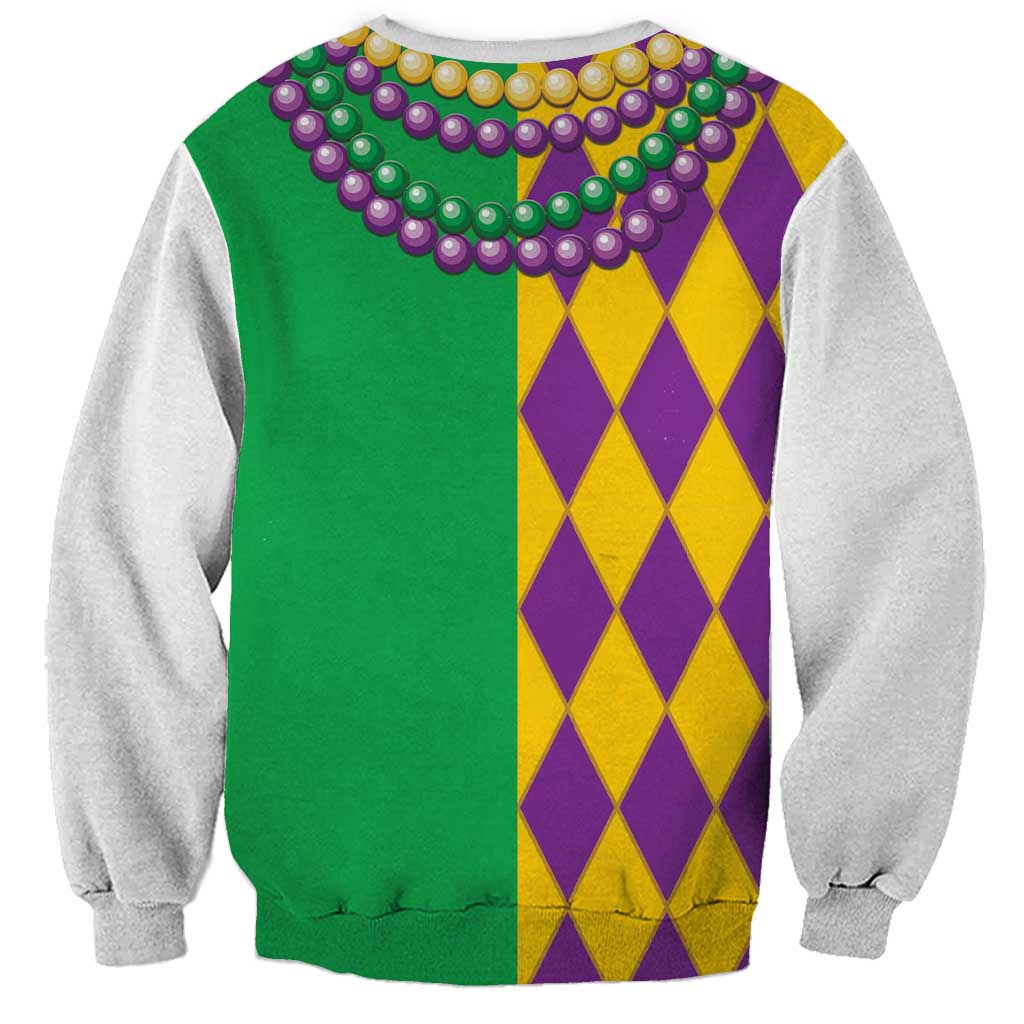 Mardi Gras sweatshirt, gray sleeves with green back and purple/yellow diamond panel with bead necklace