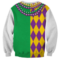 Mardi Gras sweatshirt, gray sleeves with green back and purple/yellow diamond panel with bead necklace