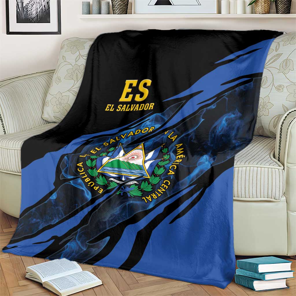 Black and blue El Salvador blanket with ES logo and coat-of-arms triangle emblem