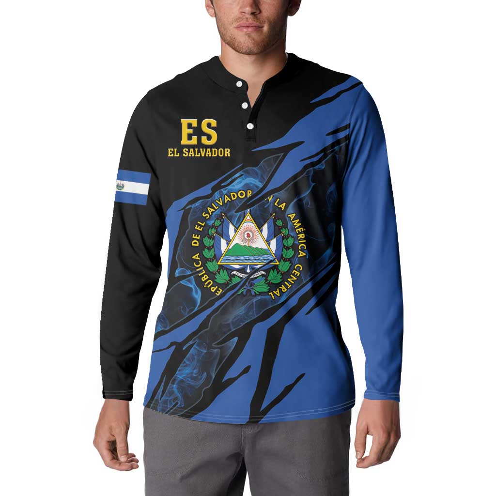 Button-front sweatshirt on model, black and blue with El Salvador crest and ES logo