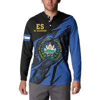Button-front sweatshirt on model, black and blue with El Salvador crest and ES logo