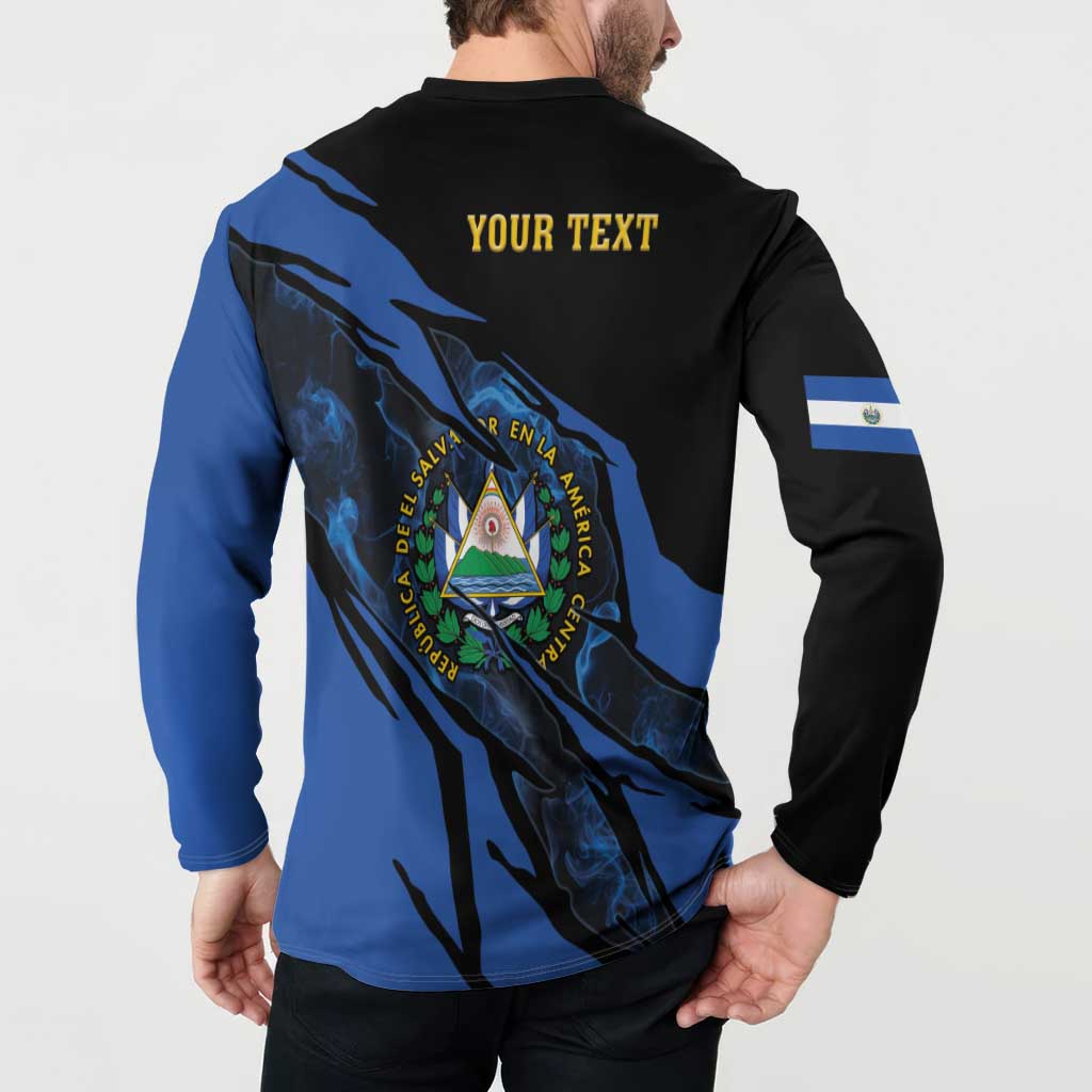 Button-front sweatshirt on model, black and blue with 'YOUR TEXT' on back and crest