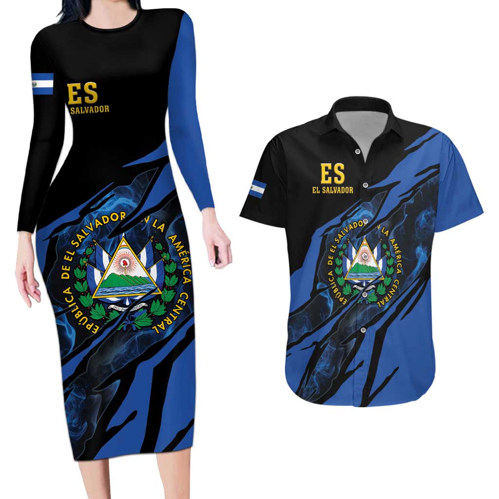 Personalised El Salvador Couples Matching Long Sleeve Bodycon Dress and Hawaiian Shirt Coat Of Arm Special Style