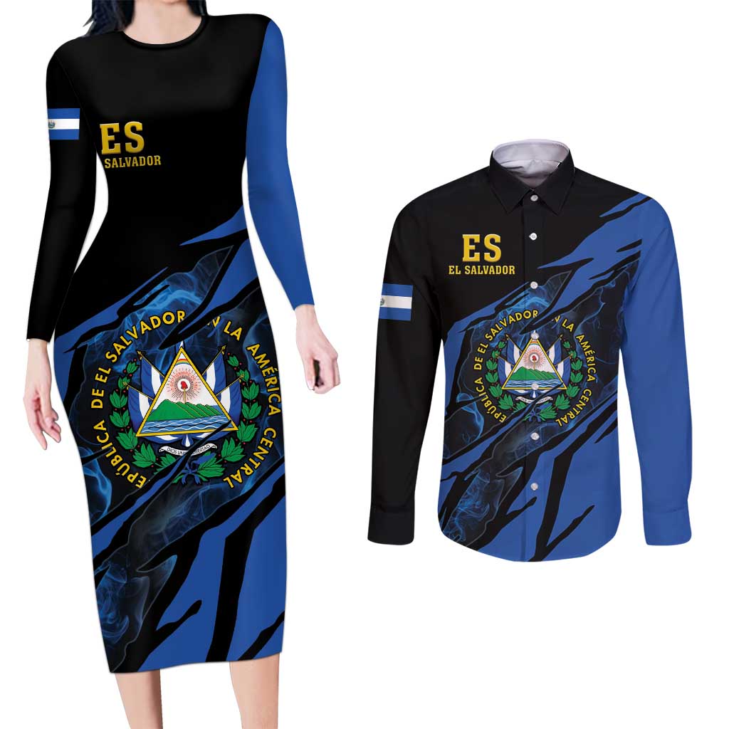 Personalised El Salvador Couples Matching Long Sleeve Bodycon Dress and Long Sleeve Button Shirt Coat Of Arm Special Style