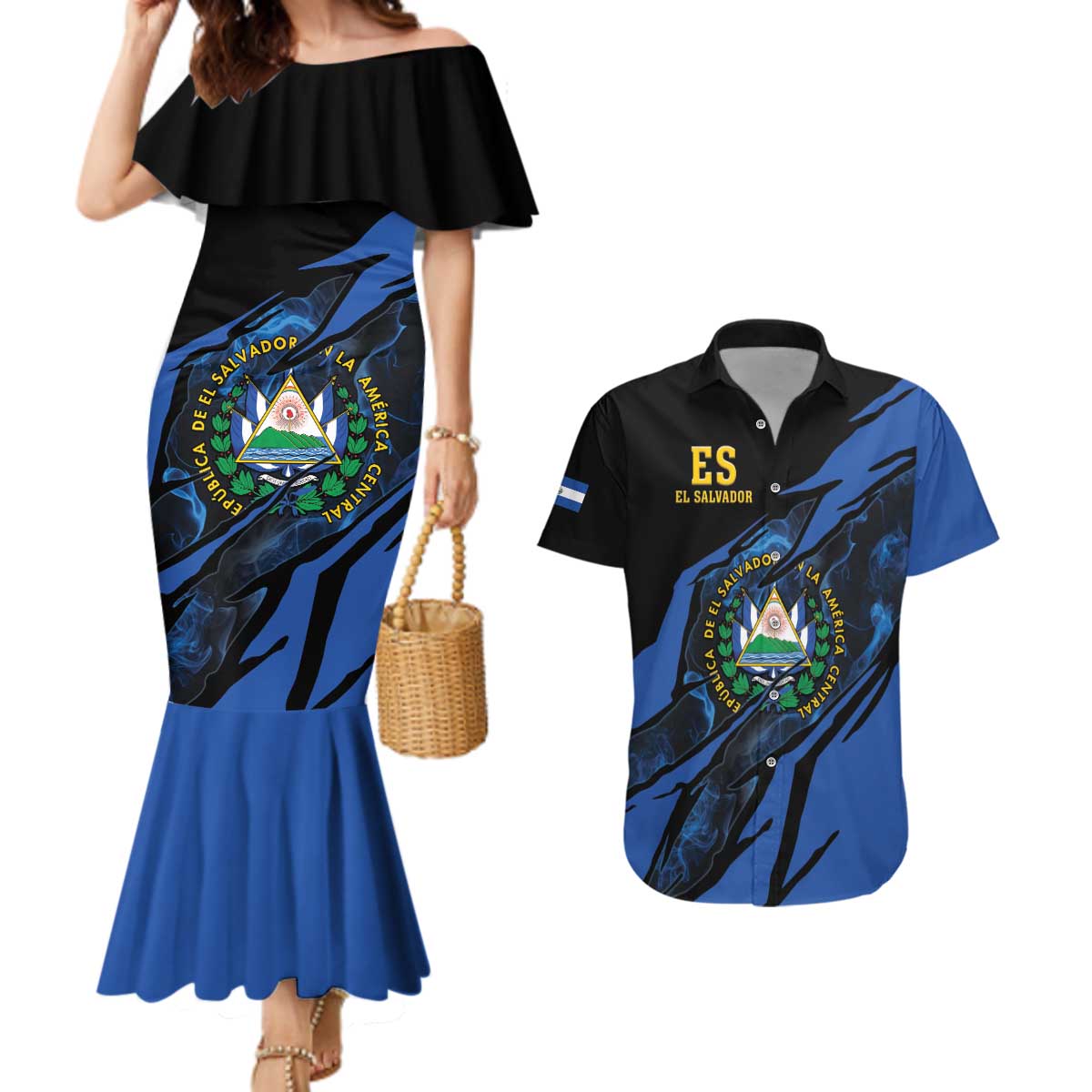 Personalised El Salvador Couples Matching Mermaid Dress and Hawaiian Shirt Coat Of Arm Special Style