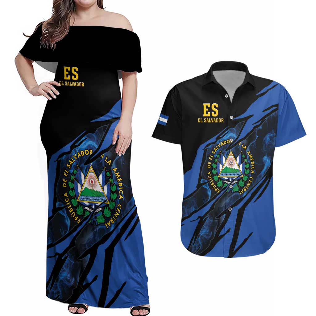 Personalised El Salvador Couples Matching Off Shoulder Maxi Dress and Hawaiian Shirt Coat Of Arm Special Style