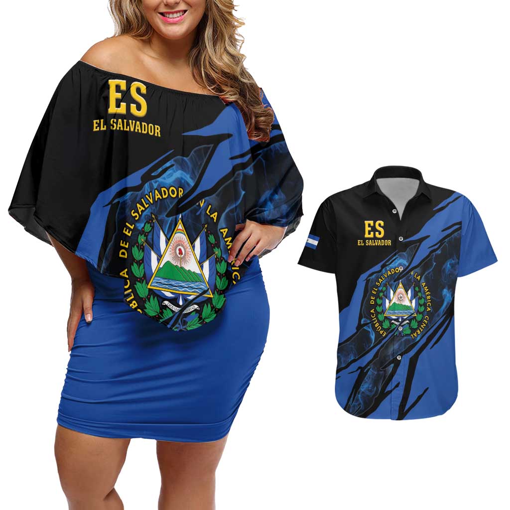 Personalised El Salvador Couples Matching Off Shoulder Short Dress and Hawaiian Shirt Coat Of Arm Special Style