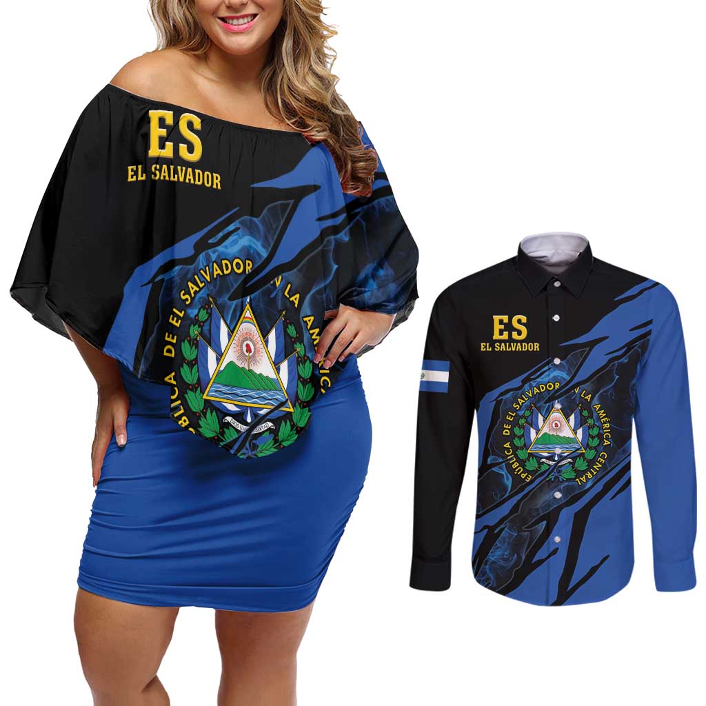 Personalised El Salvador Couples Matching Off Shoulder Short Dress and Long Sleeve Button Shirt Coat Of Arm Special Style