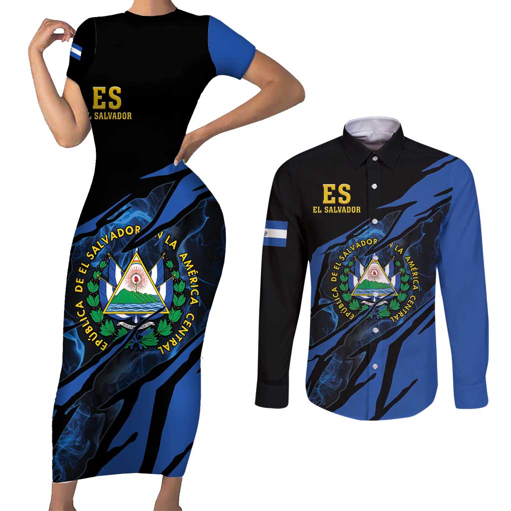 Personalised El Salvador Couples Matching Short Sleeve Bodycon Dress and Long Sleeve Button Shirt Coat Of Arm Special Style