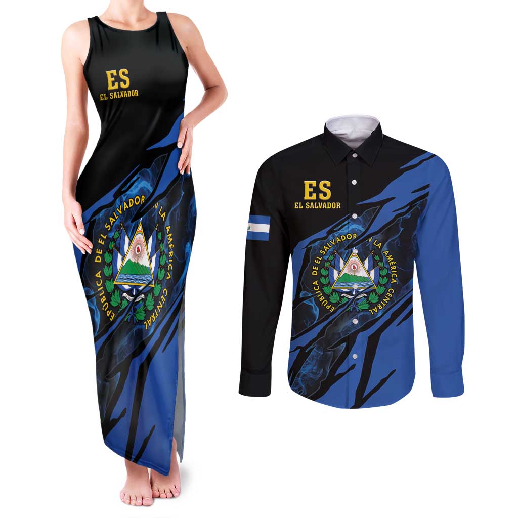 Personalised El Salvador Couples Matching Tank Maxi Dress and Long Sleeve Button Shirt Coat Of Arm Special Style