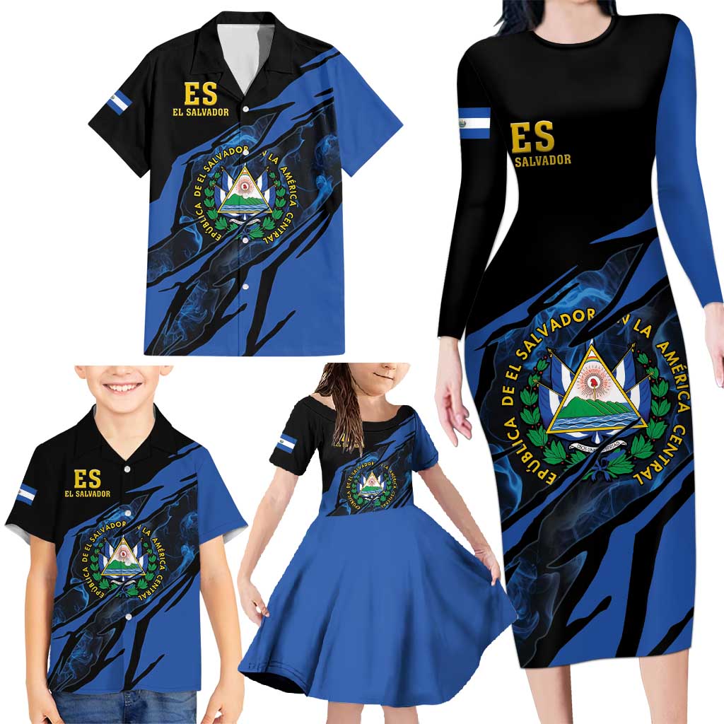 Personalised El Salvador Family Matching Long Sleeve Bodycon Dress and Hawaiian Shirt Coat Of Arm Special Style