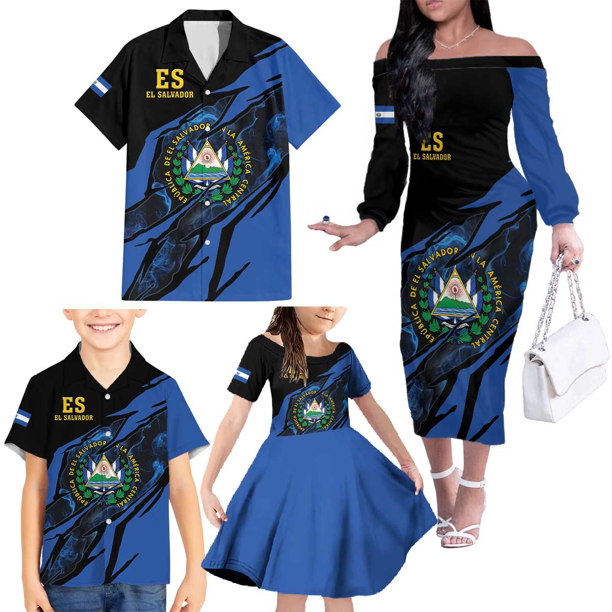 Personalised El Salvador Family Matching Off The Shoulder Long Sleeve Dress and Hawaiian Shirt Coat Of Arm Special Style