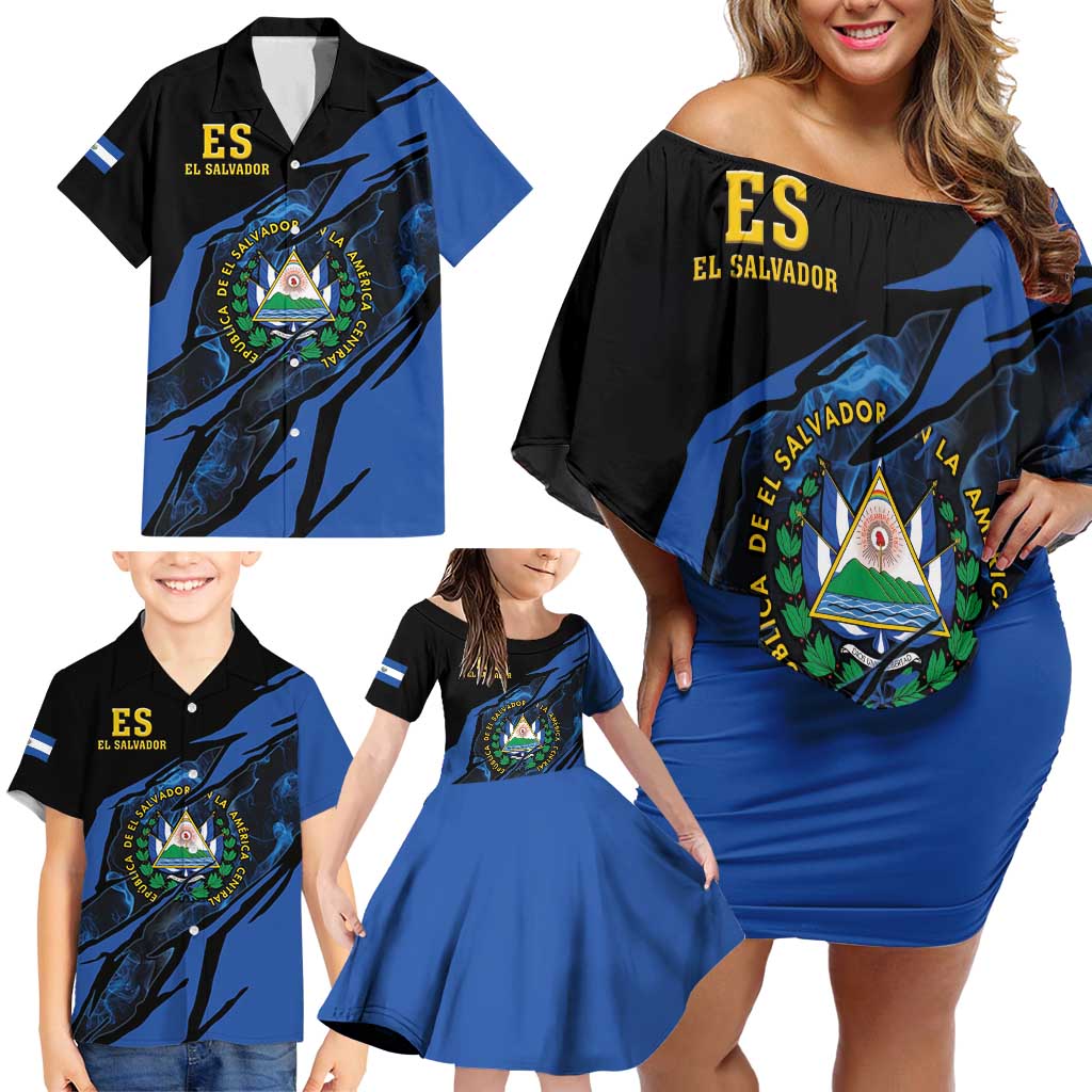 Personalised El Salvador Family Matching Off Shoulder Short Dress and Hawaiian Shirt Coat Of Arm Special Style