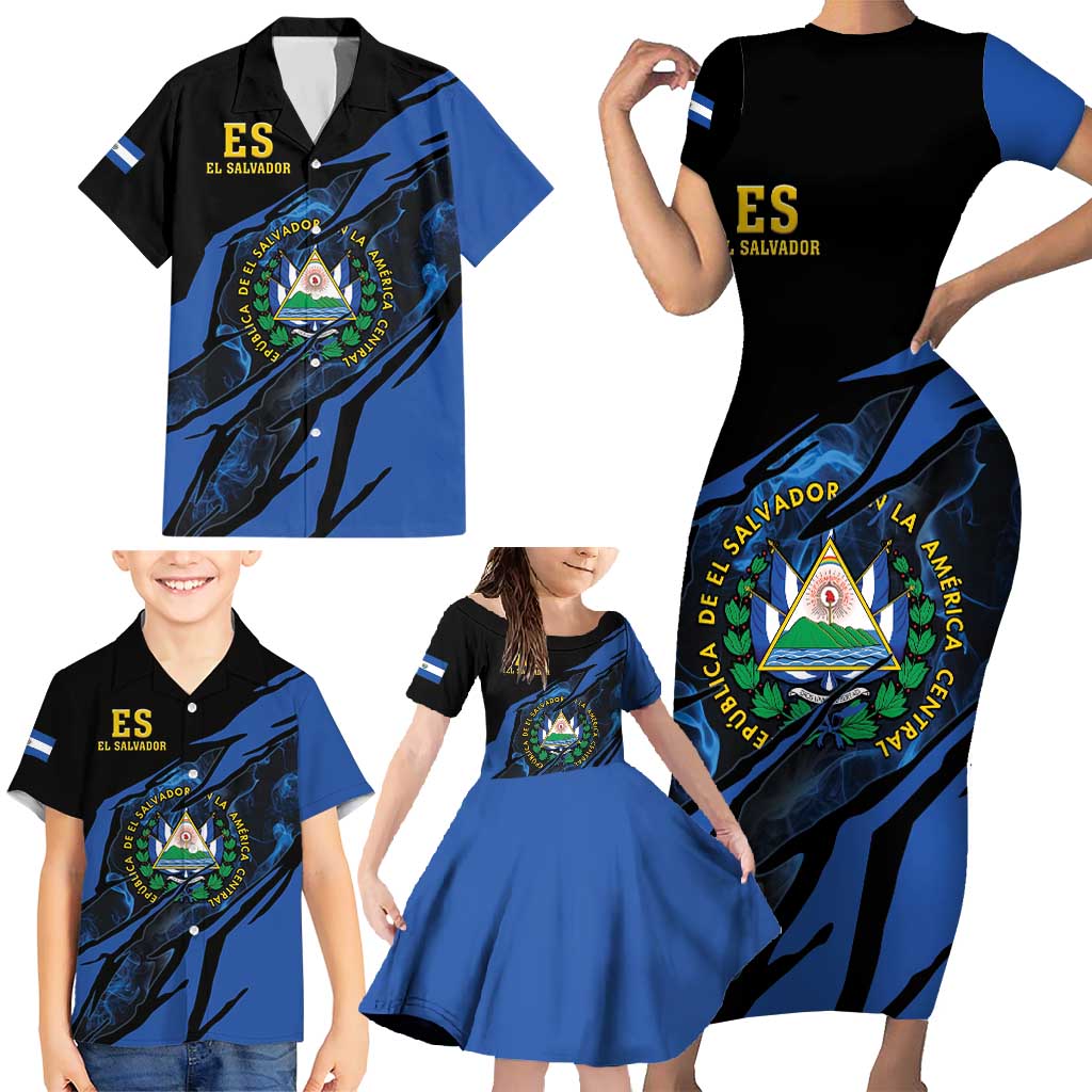 Personalised El Salvador Family Matching Short Sleeve Bodycon Dress and Hawaiian Shirt Coat Of Arm Special Style