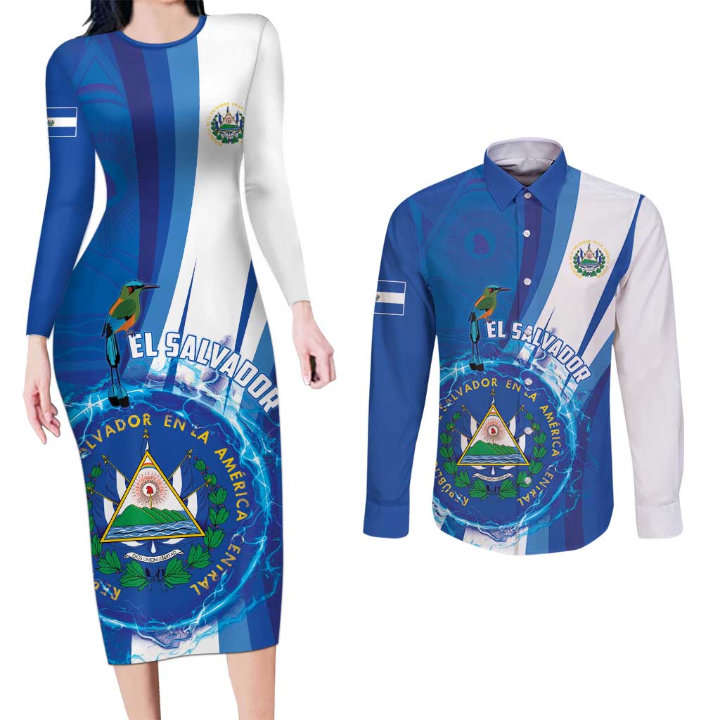 Personalised El Salvador Couples Matching Long Sleeve Bodycon Dress and Long Sleeve Button Shirt Torogoz Bird Salvadoran Pride