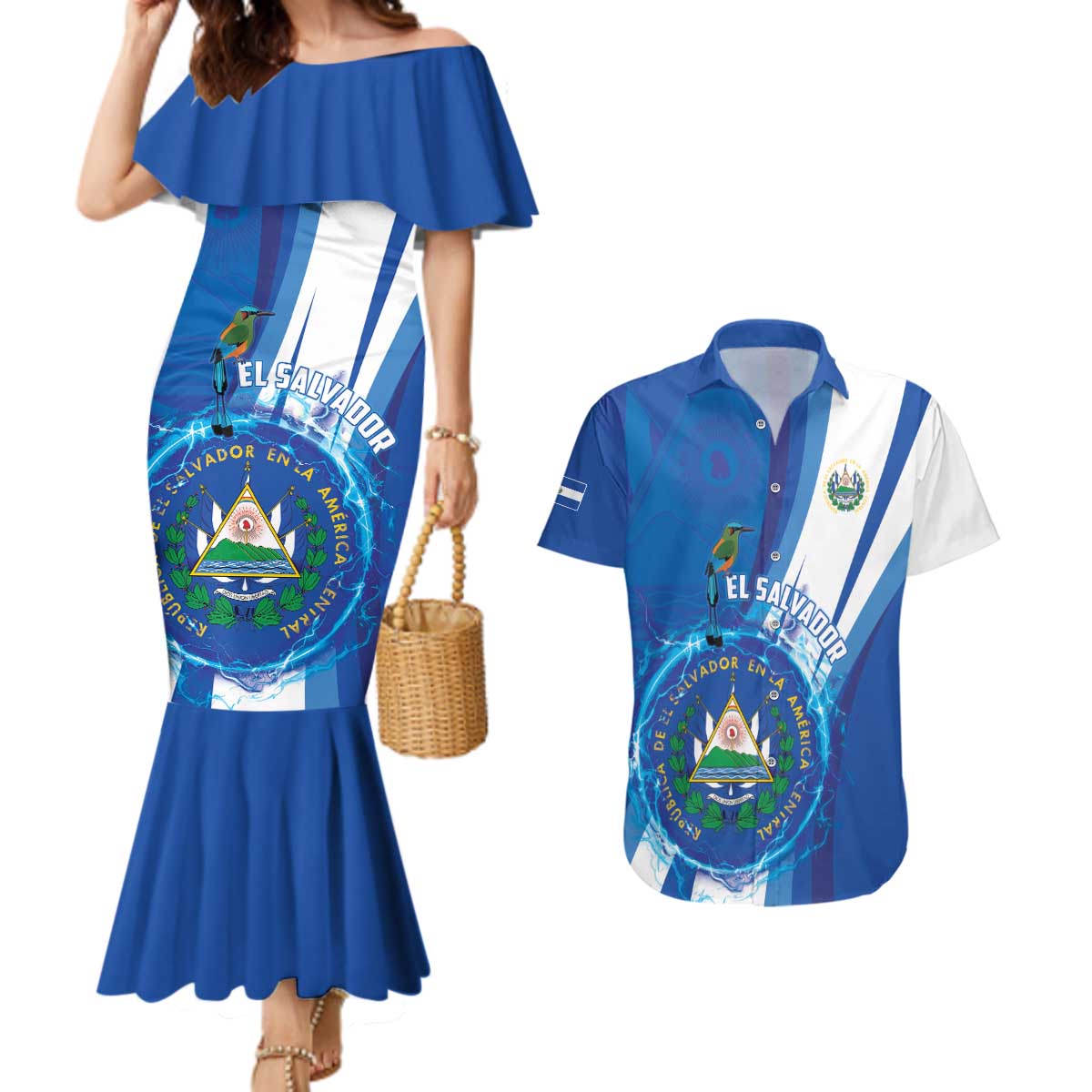 Personalised El Salvador Couples Matching Mermaid Dress and Hawaiian Shirt Torogoz Bird Salvadoran Pride