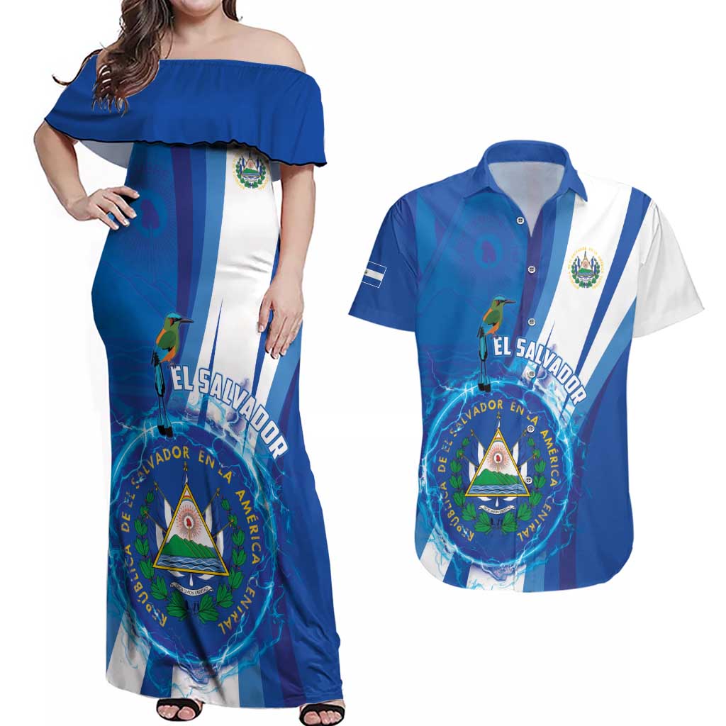 Personalised El Salvador Couples Matching Off Shoulder Maxi Dress and Hawaiian Shirt Torogoz Bird Salvadoran Pride