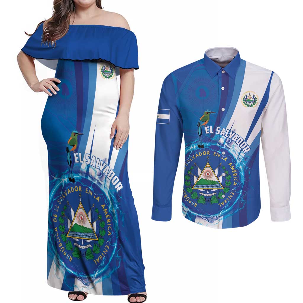 Personalised El Salvador Couples Matching Off Shoulder Maxi Dress and Long Sleeve Button Shirt Torogoz Bird Salvadoran Pride