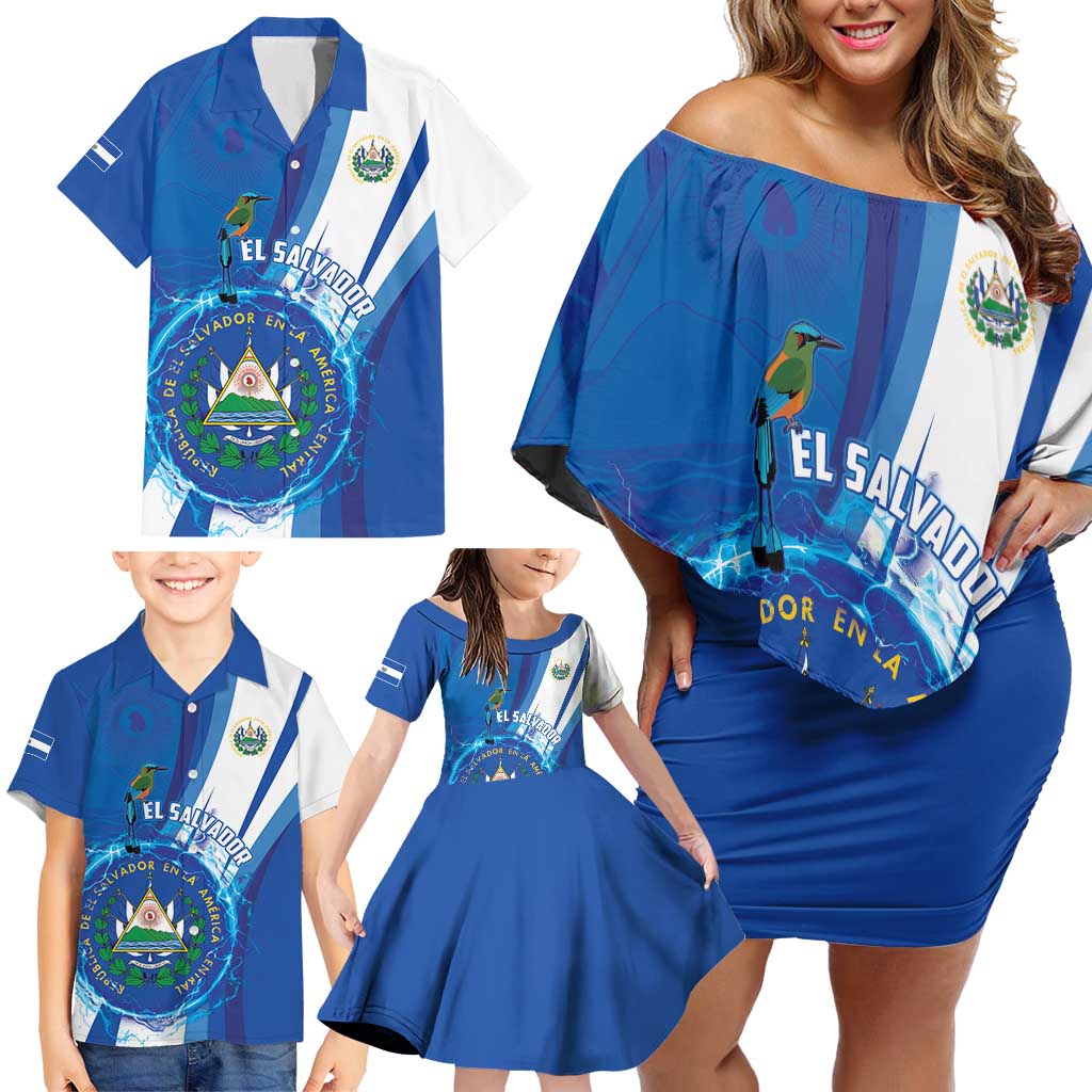 Personalised El Salvador Family Matching Off Shoulder Short Dress and Hawaiian Shirt Torogoz Bird Salvadoran Pride