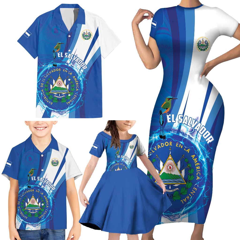 Personalised El Salvador Family Matching Short Sleeve Bodycon Dress and Hawaiian Shirt Torogoz Bird Salvadoran Pride