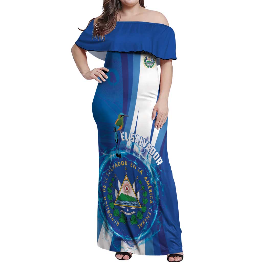 Personalised El Salvador Off Shoulder Maxi Dress Torogoz Bird Salvadoran Pride