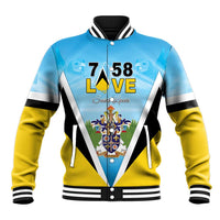 Blue and yellow baseball jacket with striped rib collar and 758 LOVE crest graphic
