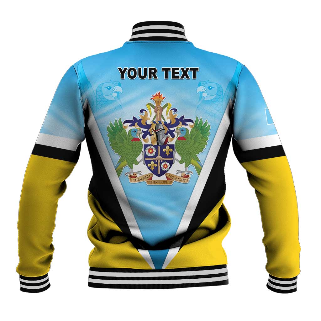 Back of blue and yellow baseball jacket with striped rib collar and coat of arms crest