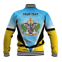 Back of blue and yellow baseball jacket with striped rib collar and coat of arms crest