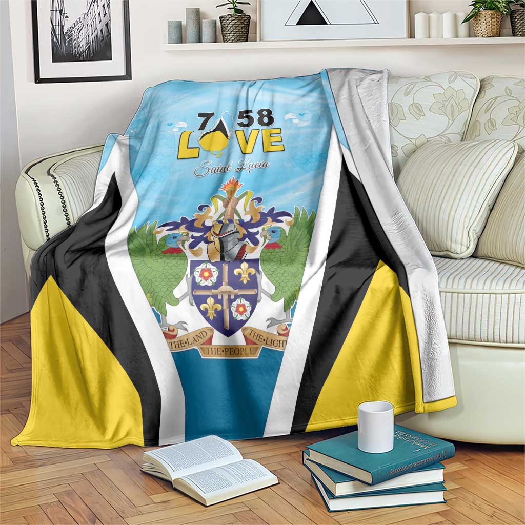 Blue blanket with black, white, and yellow stripes and a colorful coat of arms crest