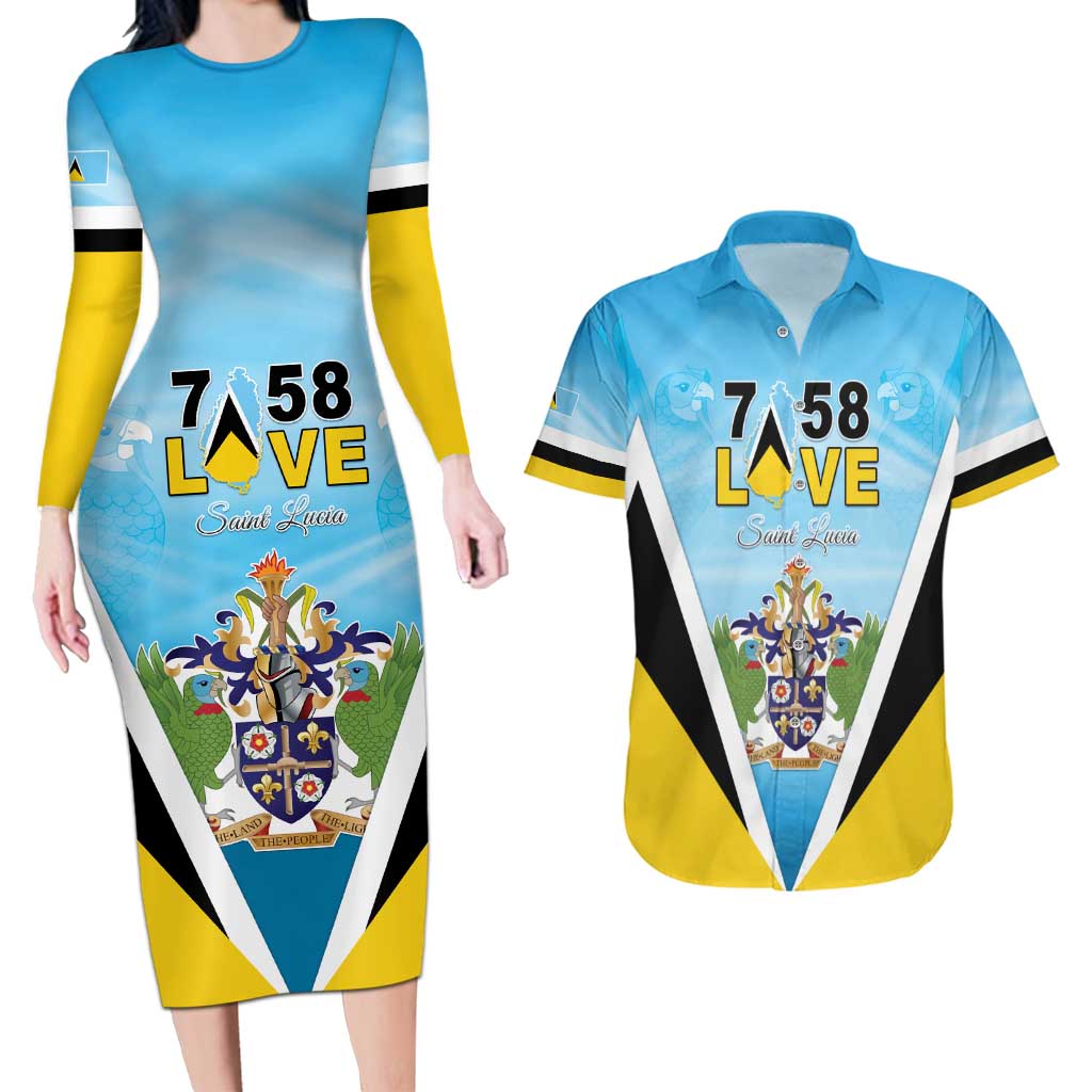 Personalised Saint Lucia 758 Couples Matching Long Sleeve Bodycon Dress and Hawaiian Shirt With Coat Of Arms