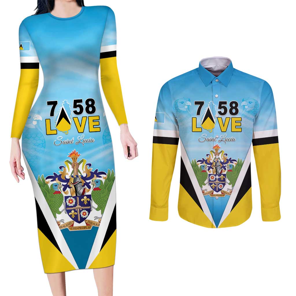 Personalised Saint Lucia 758 Couples Matching Long Sleeve Bodycon Dress and Long Sleeve Button Shirt With Coat Of Arms