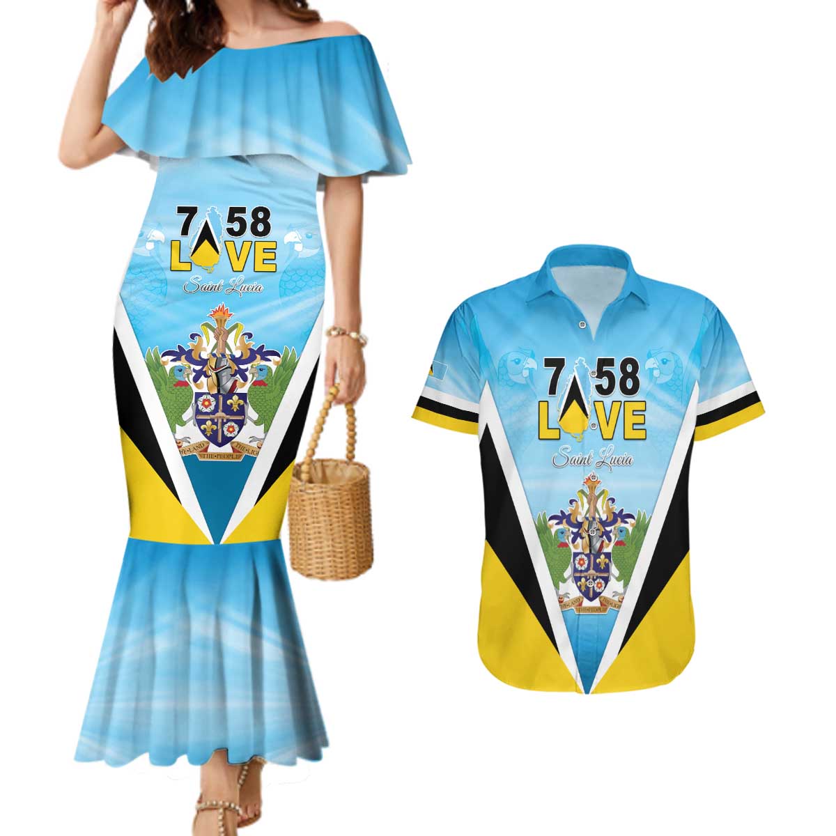 Personalised Saint Lucia 758 Couples Matching Mermaid Dress and Hawaiian Shirt With Coat Of Arms