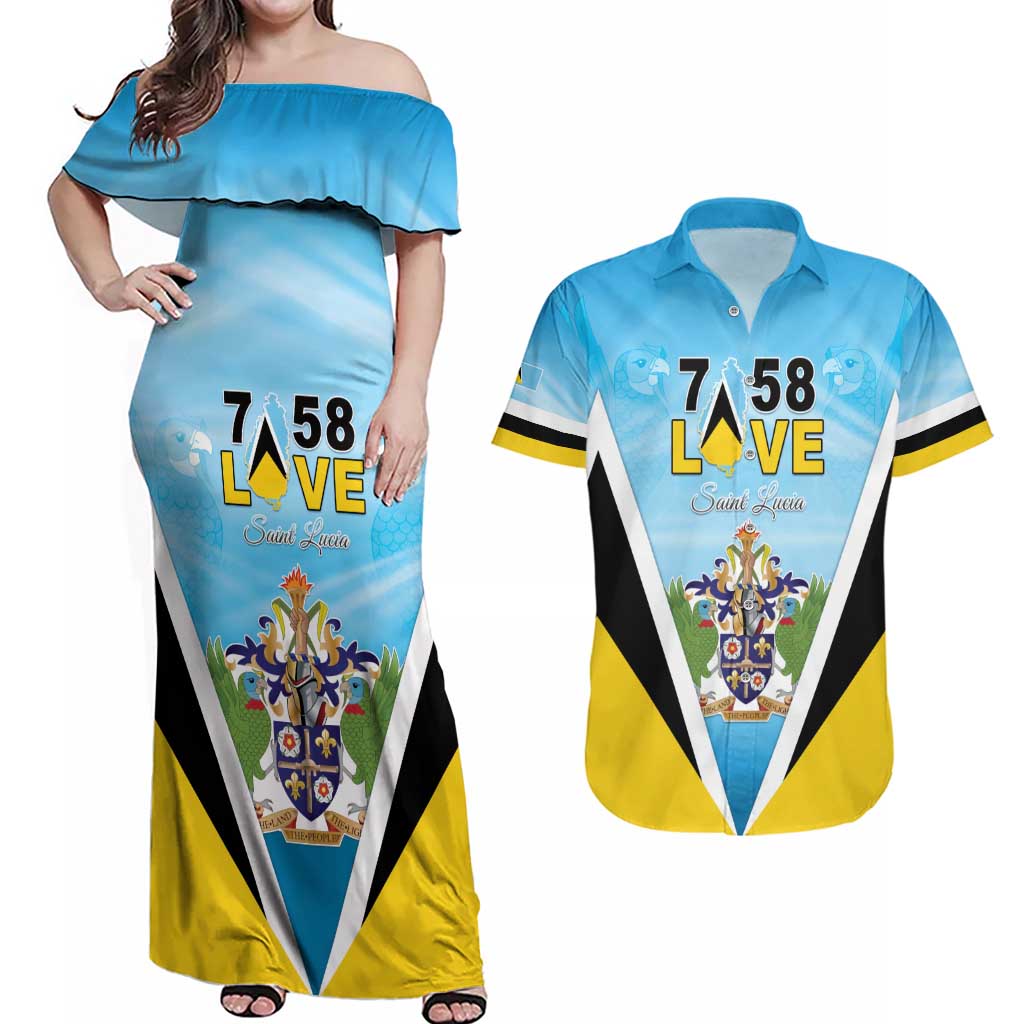 Personalised Saint Lucia 758 Couples Matching Off Shoulder Maxi Dress and Hawaiian Shirt With Coat Of Arms