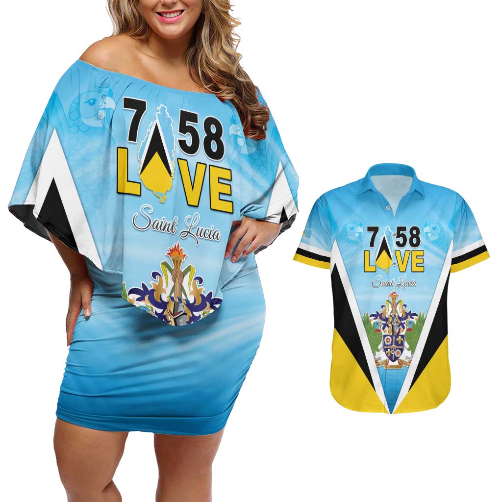 Personalised Saint Lucia 758 Couples Matching Off Shoulder Short Dress and Hawaiian Shirt With Coat Of Arms