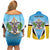 Personalised Saint Lucia 758 Couples Matching Off Shoulder Short Dress and Long Sleeve Button Shirt With Coat Of Arms