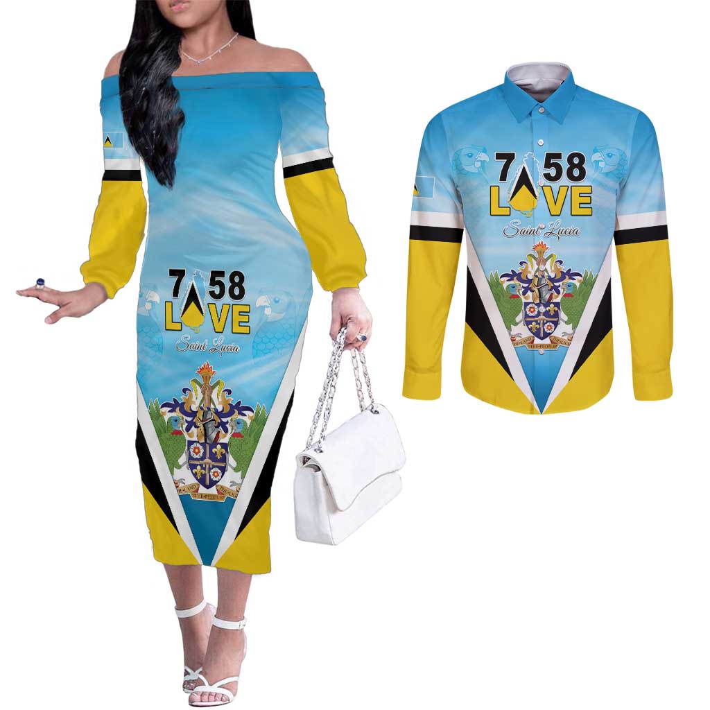 Personalised Saint Lucia 758 Couples Matching Off The Shoulder Long Sleeve Dress and Long Sleeve Button Shirt With Coat Of Arms