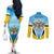 Personalised Saint Lucia 758 Couples Matching Off The Shoulder Long Sleeve Dress and Long Sleeve Button Shirt With Coat Of Arms