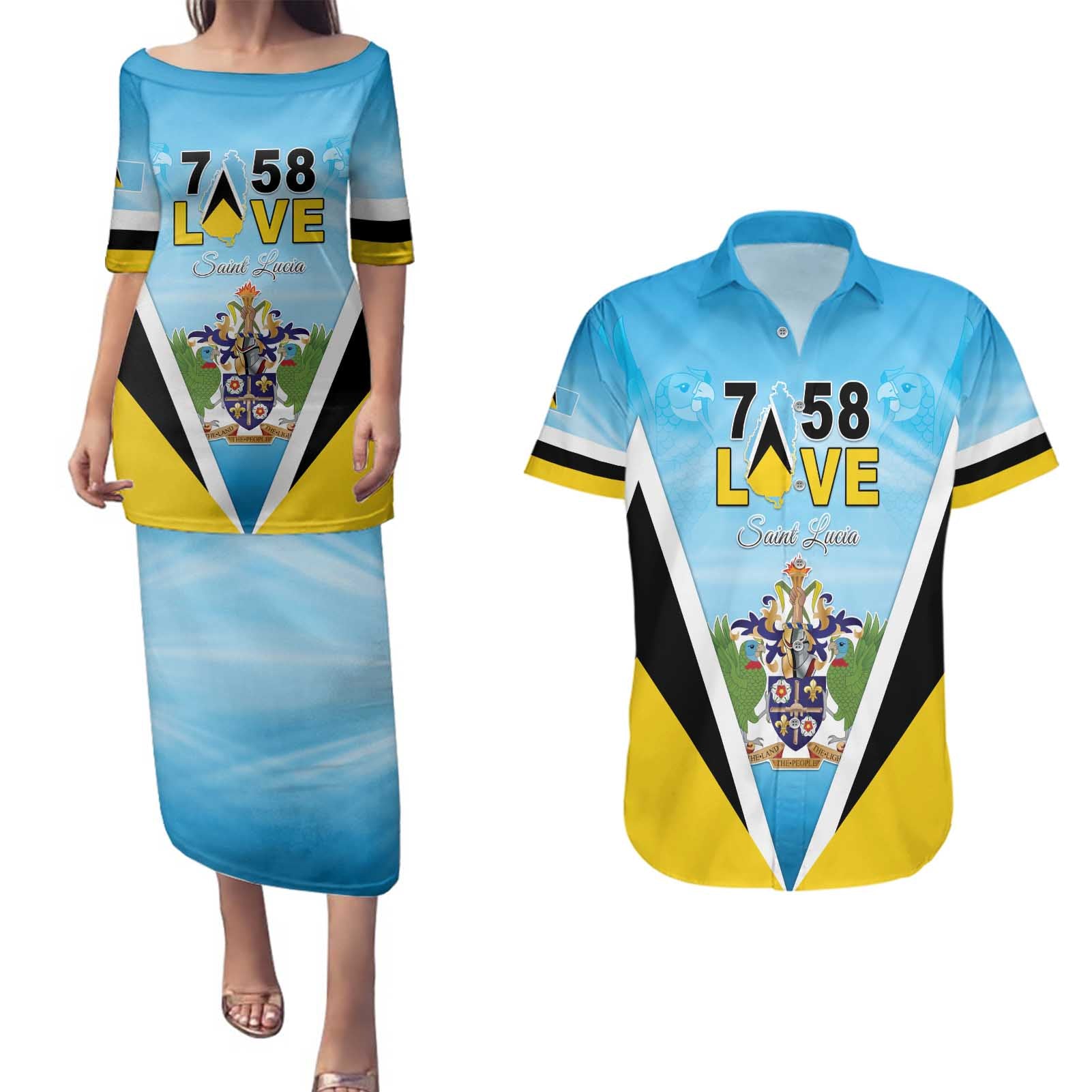 Personalised Saint Lucia 758 Couples Matching Puletasi and Hawaiian Shirt With Coat Of Arms