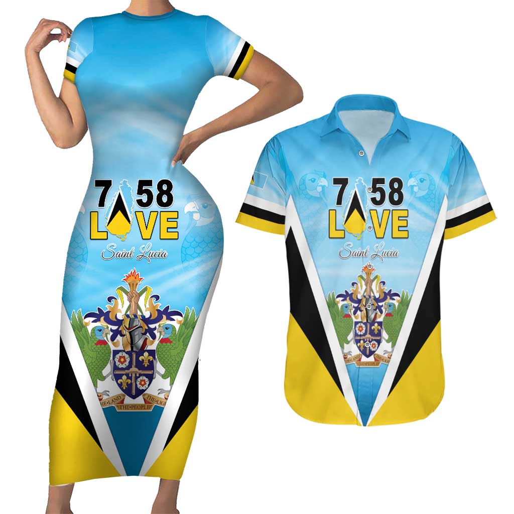 Personalised Saint Lucia 758 Couples Matching Short Sleeve Bodycon Dress and Hawaiian Shirt With Coat Of Arms