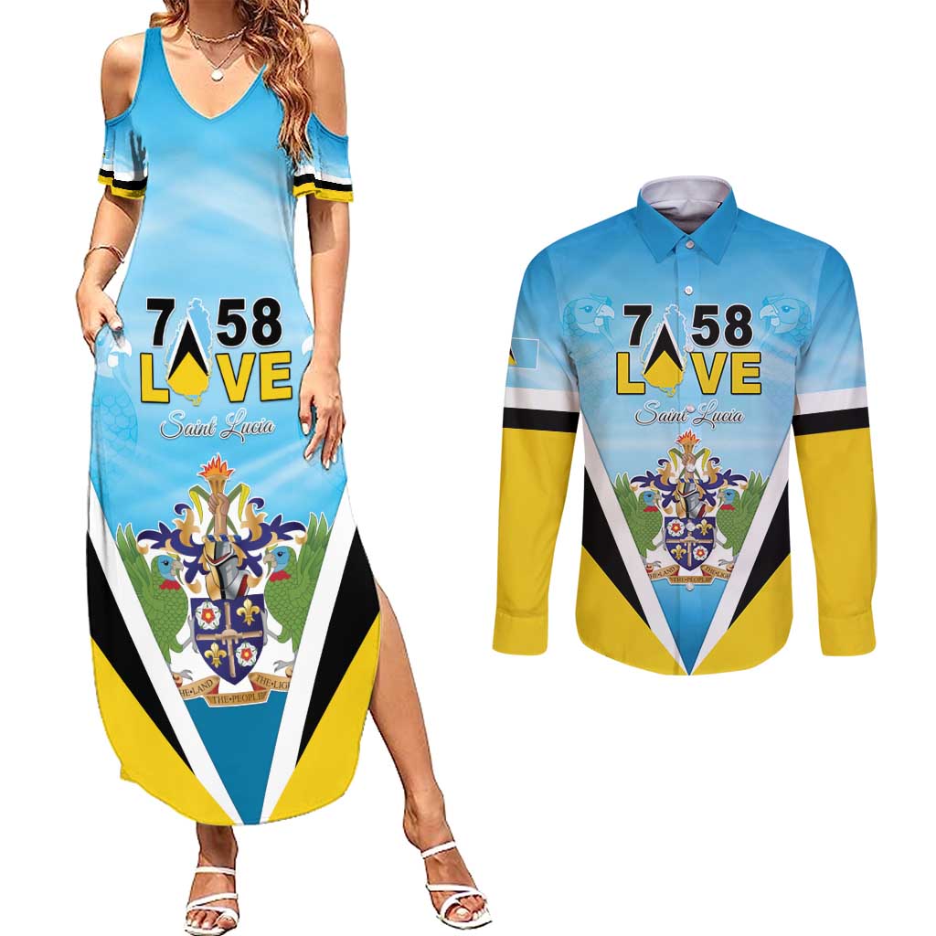 Personalised Saint Lucia 758 Couples Matching Summer Maxi Dress and Long Sleeve Button Shirt With Coat Of Arms