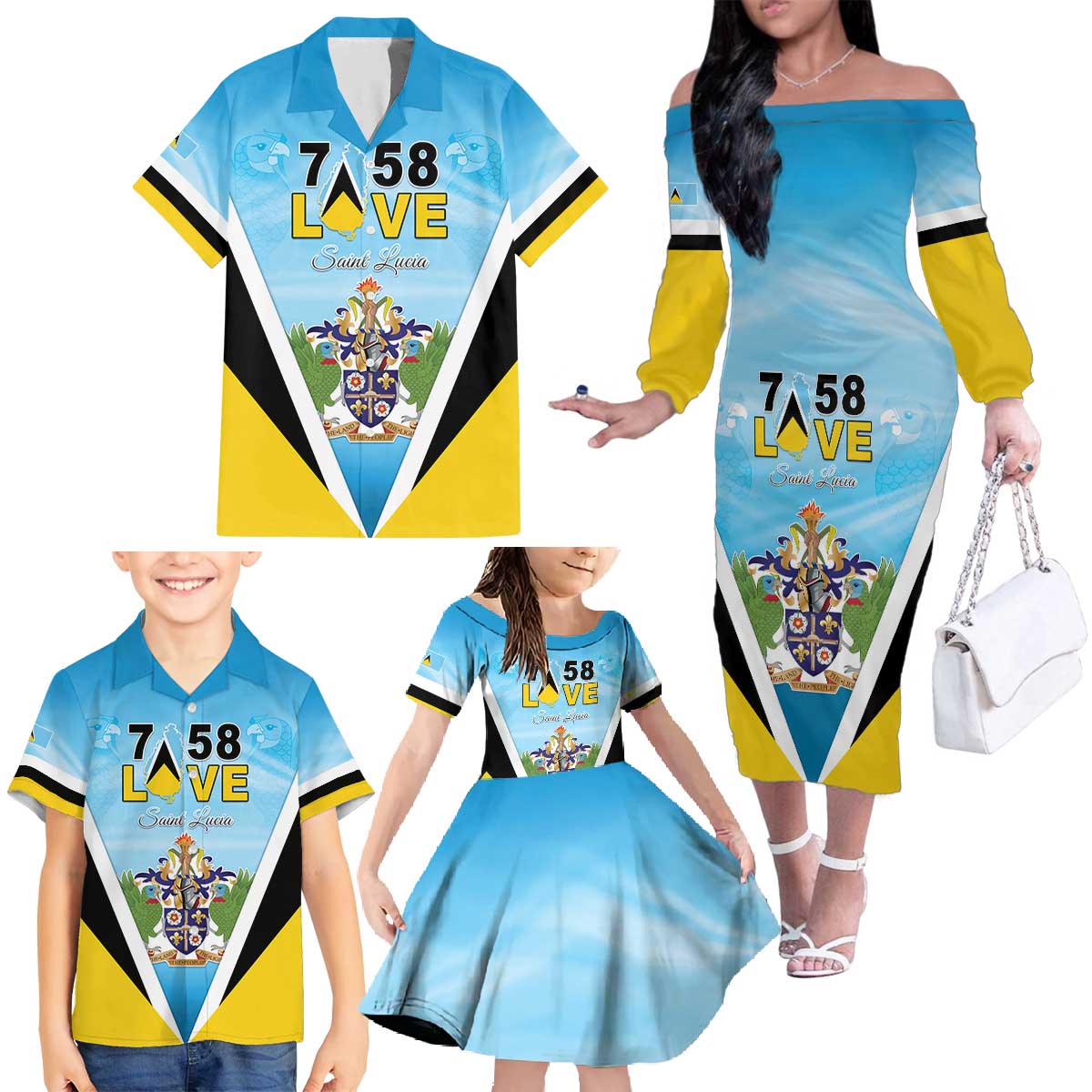 Personalised Saint Lucia 758 Family Matching Off The Shoulder Long Sleeve Dress and Hawaiian Shirt With Coat Of Arms