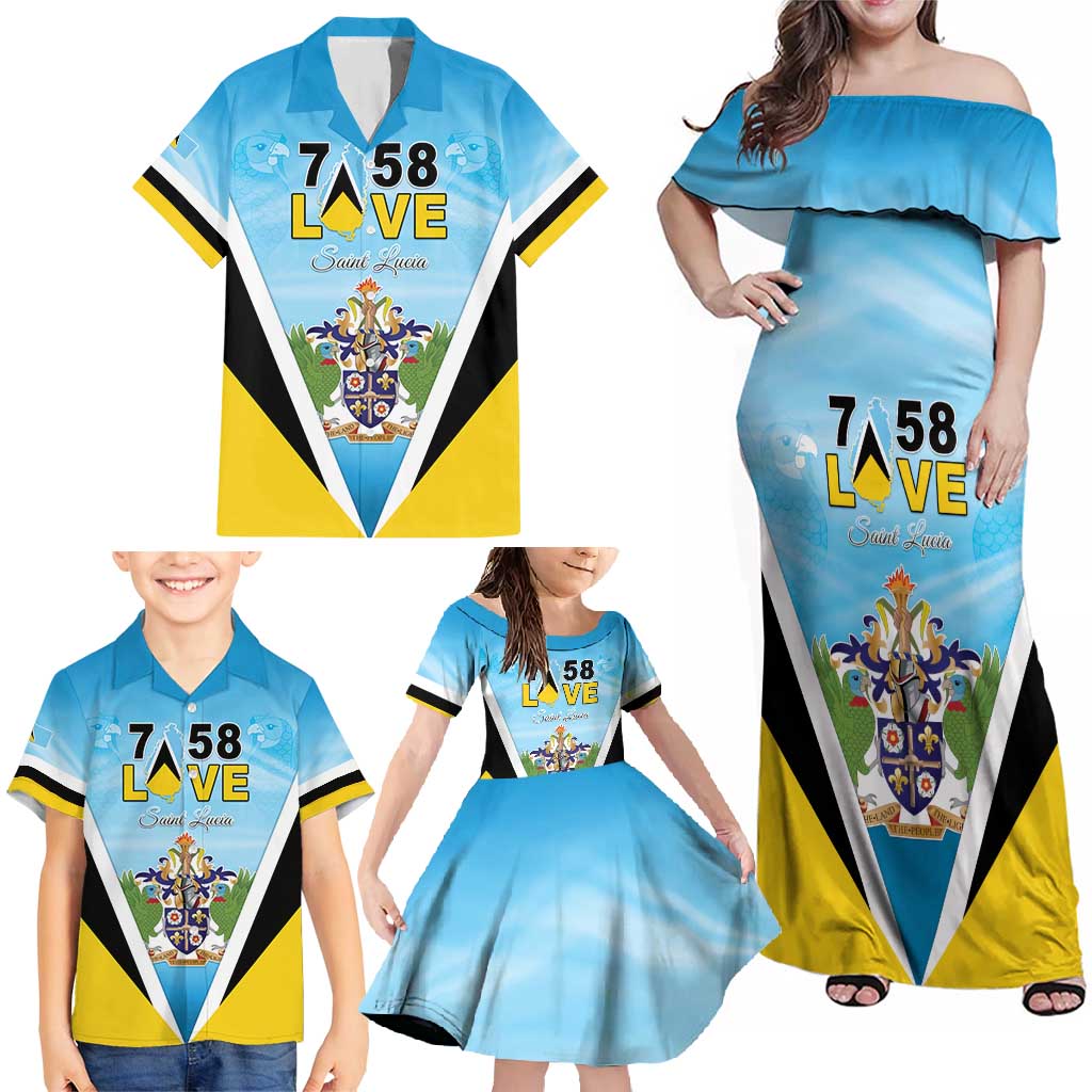 Personalised Saint Lucia 758 Family Matching Off Shoulder Maxi Dress and Hawaiian Shirt With Coat Of Arms