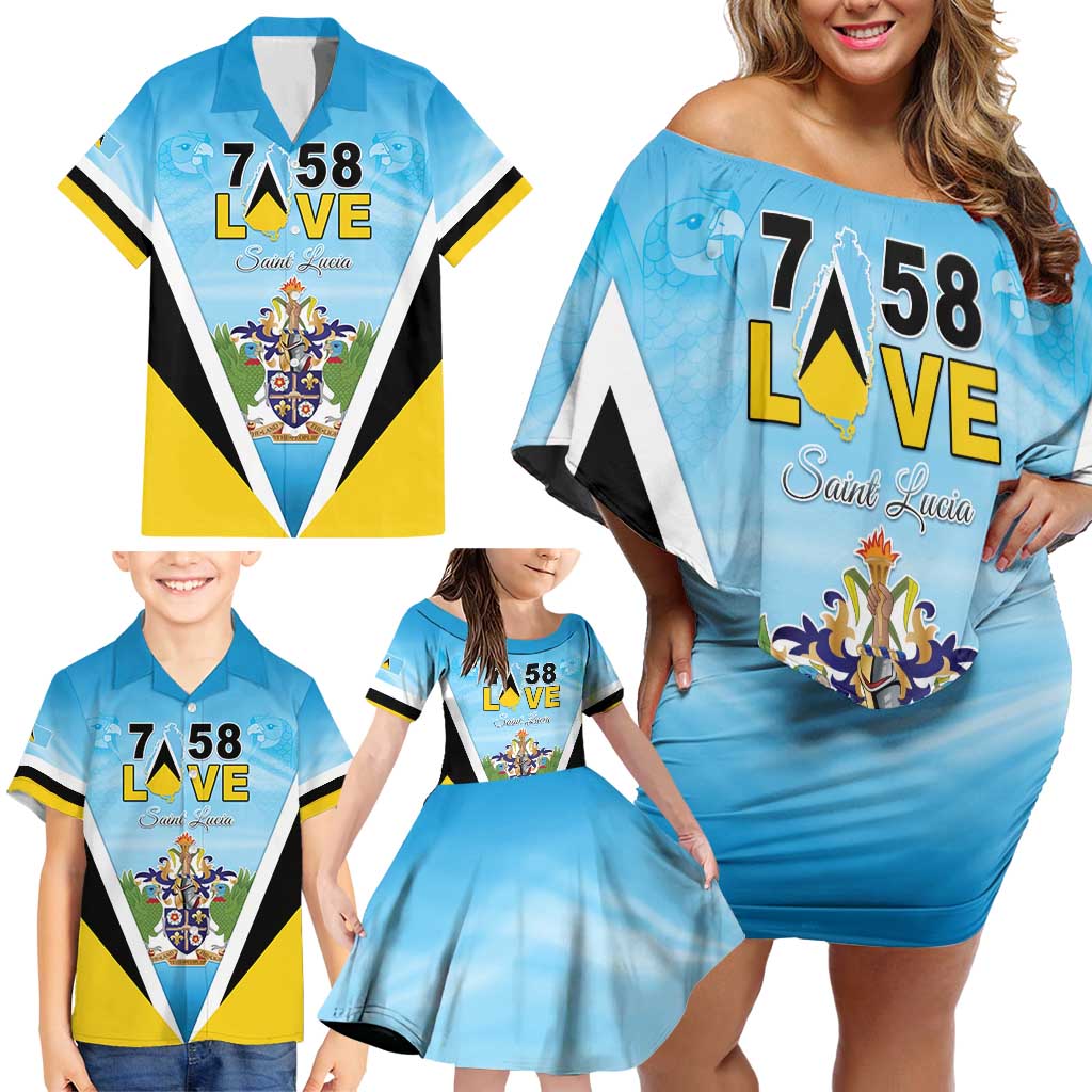 Personalised Saint Lucia 758 Family Matching Off Shoulder Short Dress and Hawaiian Shirt With Coat Of Arms