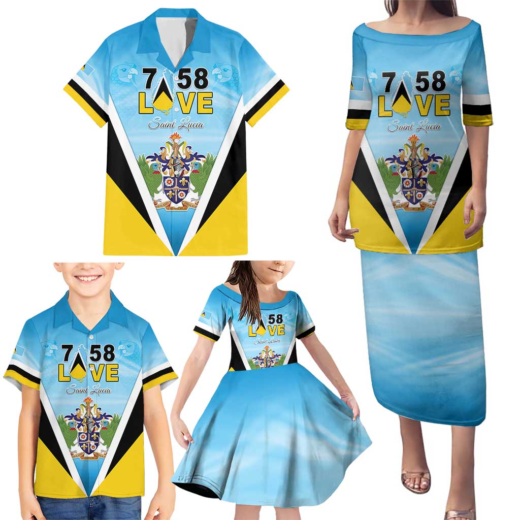 Personalised Saint Lucia 758 Family Matching Puletasi and Hawaiian Shirt With Coat Of Arms