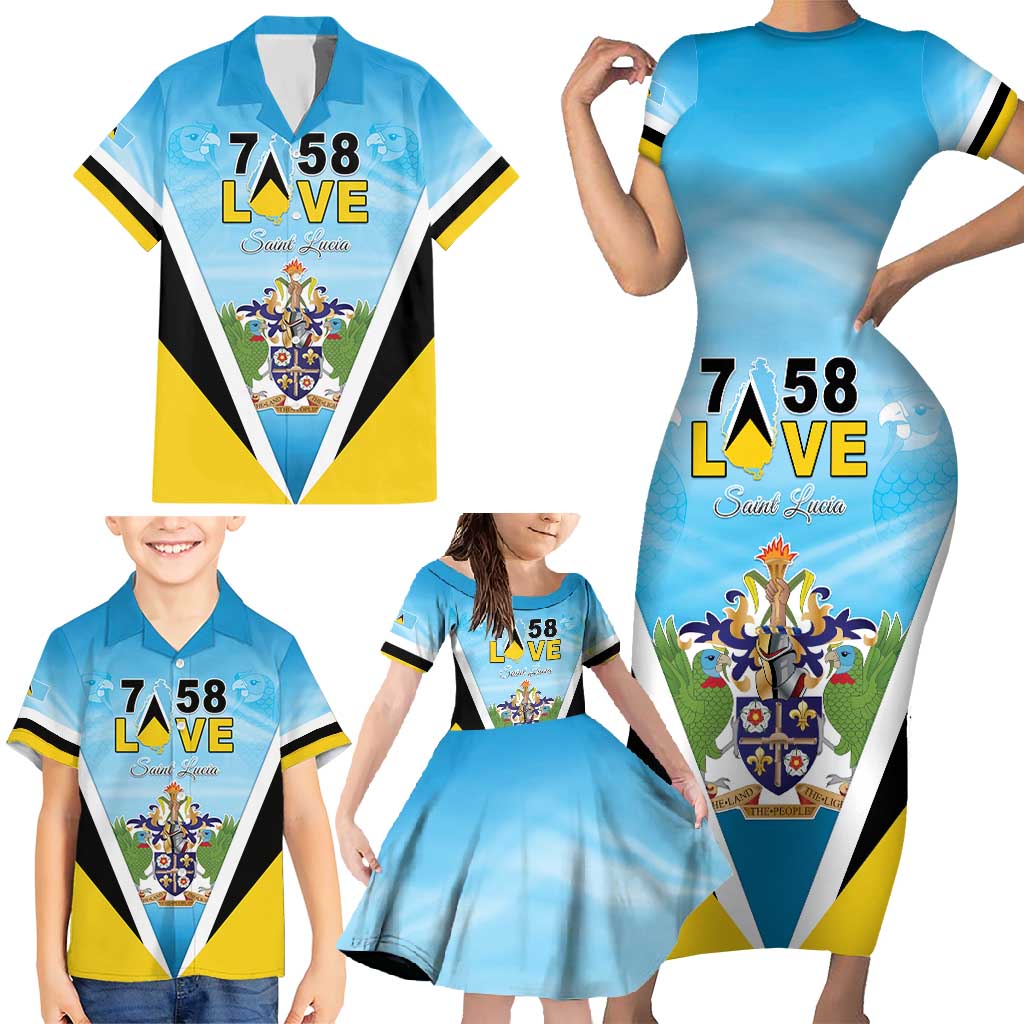 Personalised Saint Lucia 758 Family Matching Short Sleeve Bodycon Dress and Hawaiian Shirt With Coat Of Arms